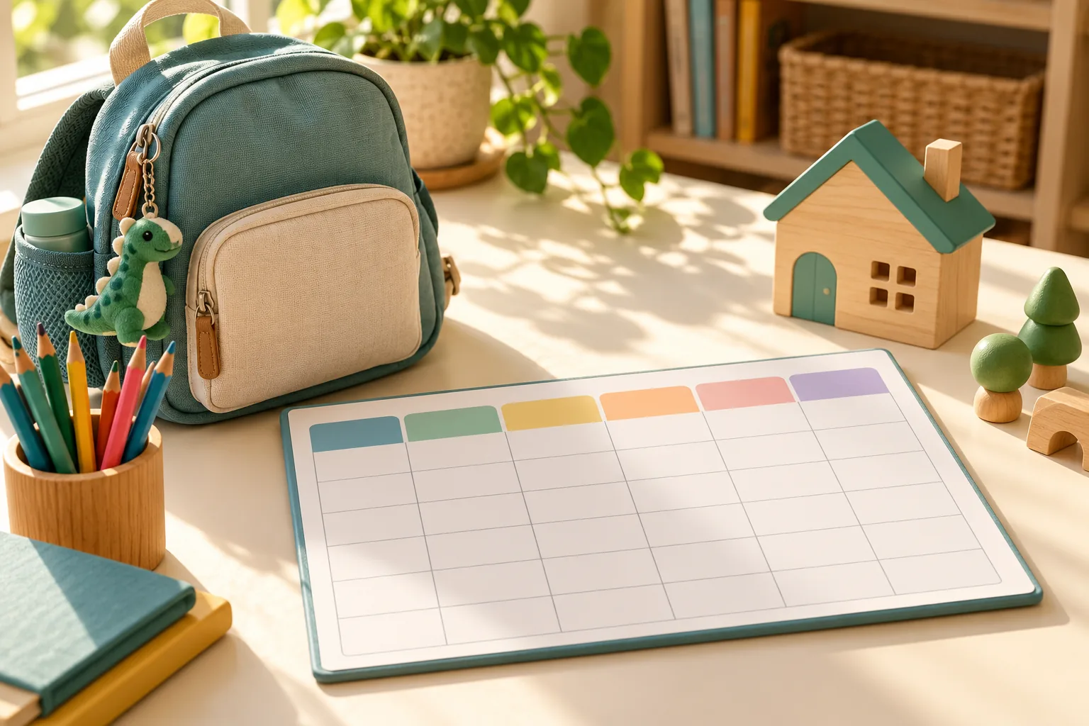 School backpack, toy house and blank planner illustrating a child's care schedule after a child custody case.