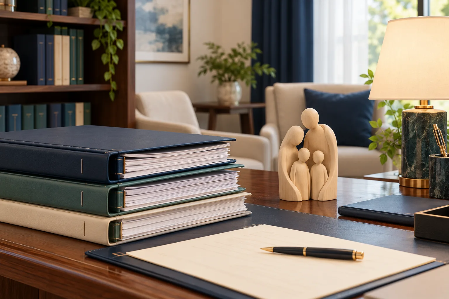 Family sculpture beside neatly organized legal files in a conceptual consultation room