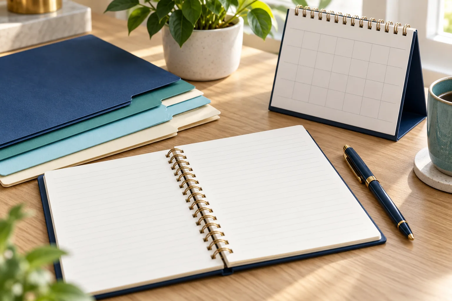 Open notebook, document dividers and blank calendar for a family law appointment