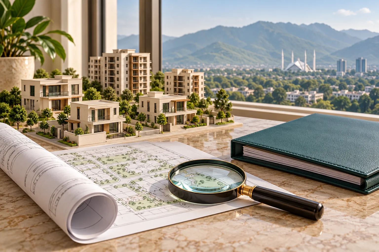 Architectural models, a site plan and a legal file illustrating property document review