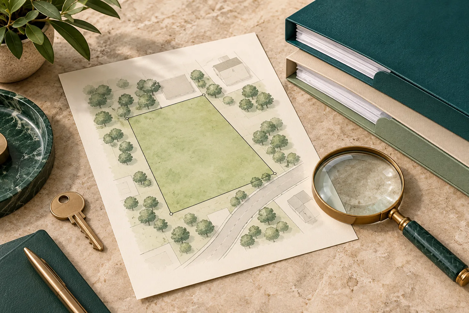 Plot sketch, document folders, a key and magnifying glass for a property file review