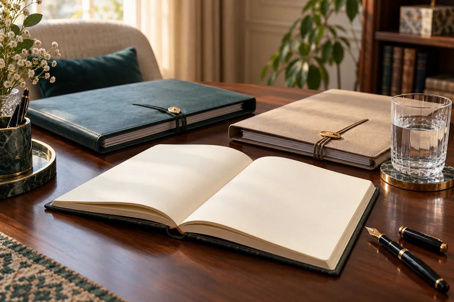 Divorce law document folders and an open blank notebook on a consultation desk