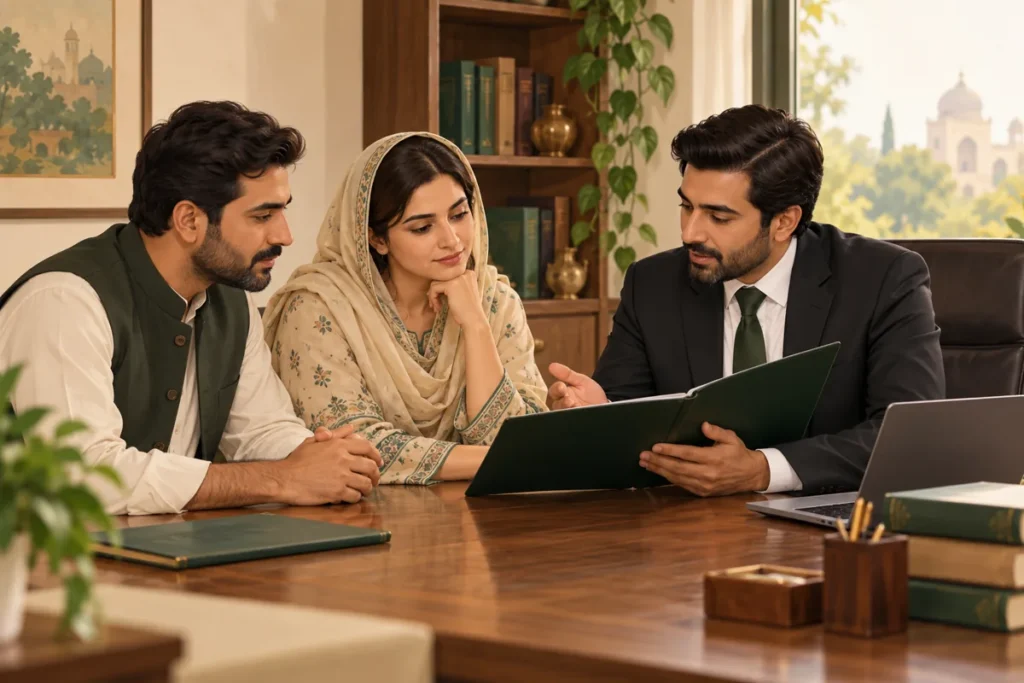 Illustration of a Pakistani family reviewing inheritance & succession certificate/documents with a legal professional