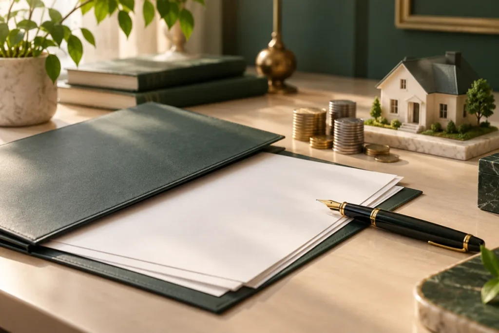 Illustration of a document folder, coins and a house model representing succession certificate matter.