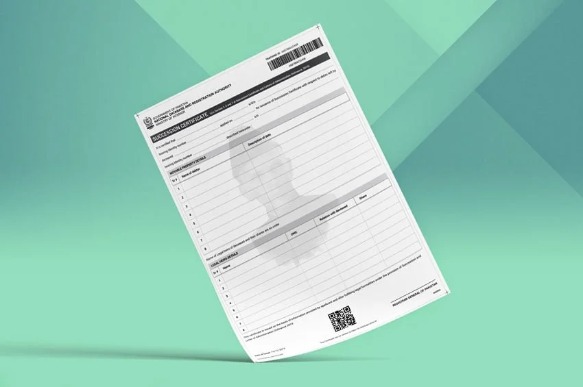 Illustrative blank succession certificate displayed against a green background