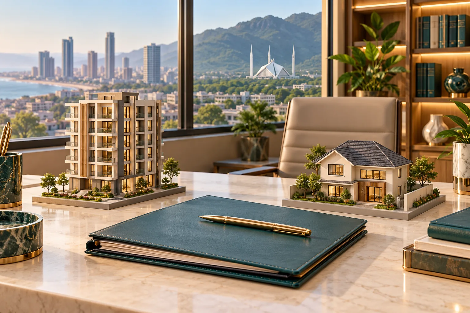 Apartment and house models beside a legal folder illustrating property transactions