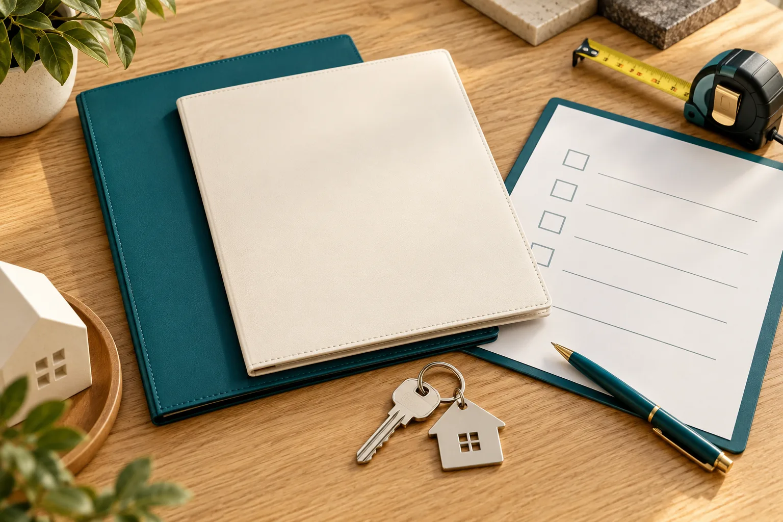 House key, blank checklist and contract folders illustrating handover preparation