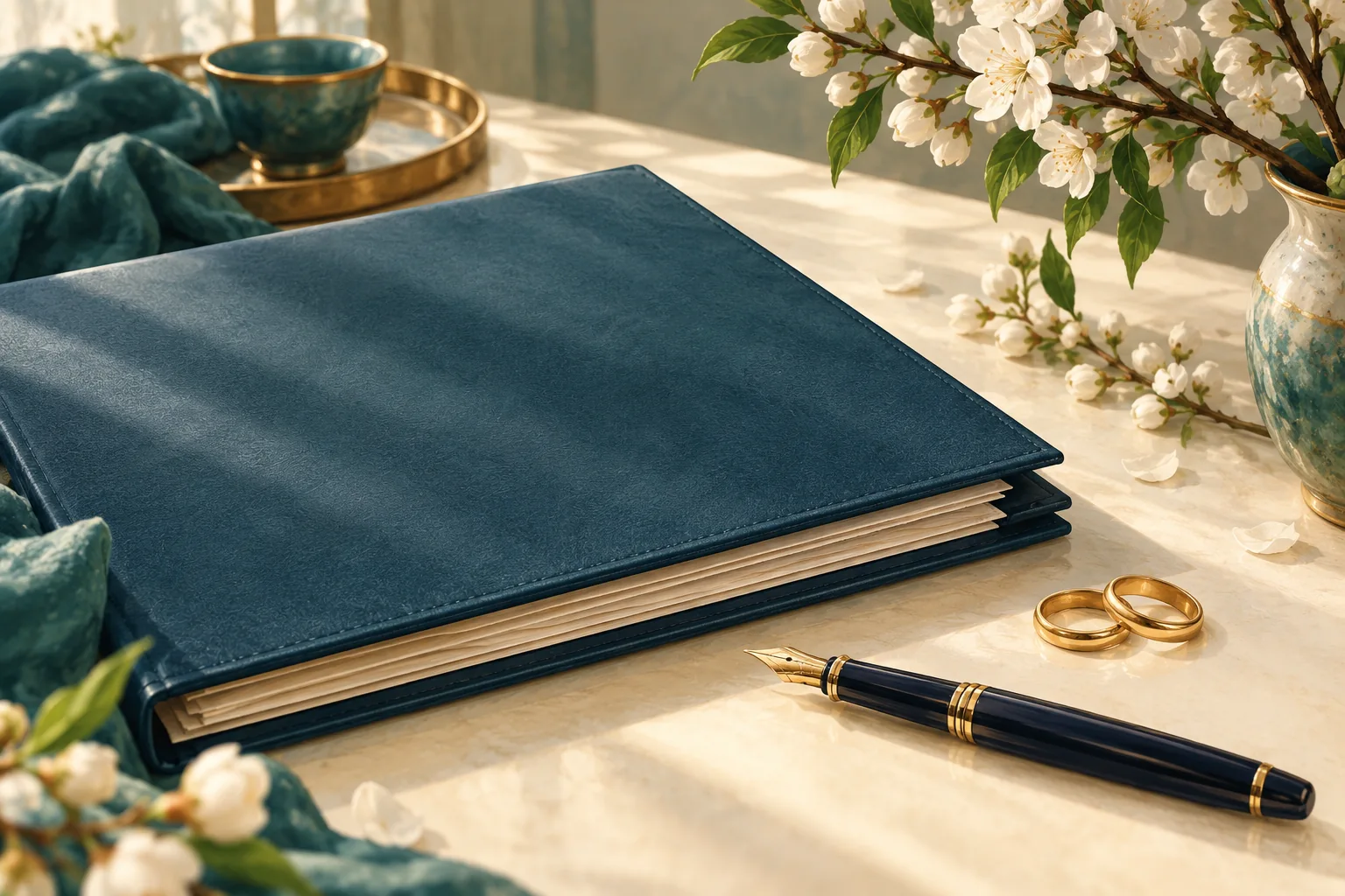 Illustrative marriage record folder, pen and wedding rings.