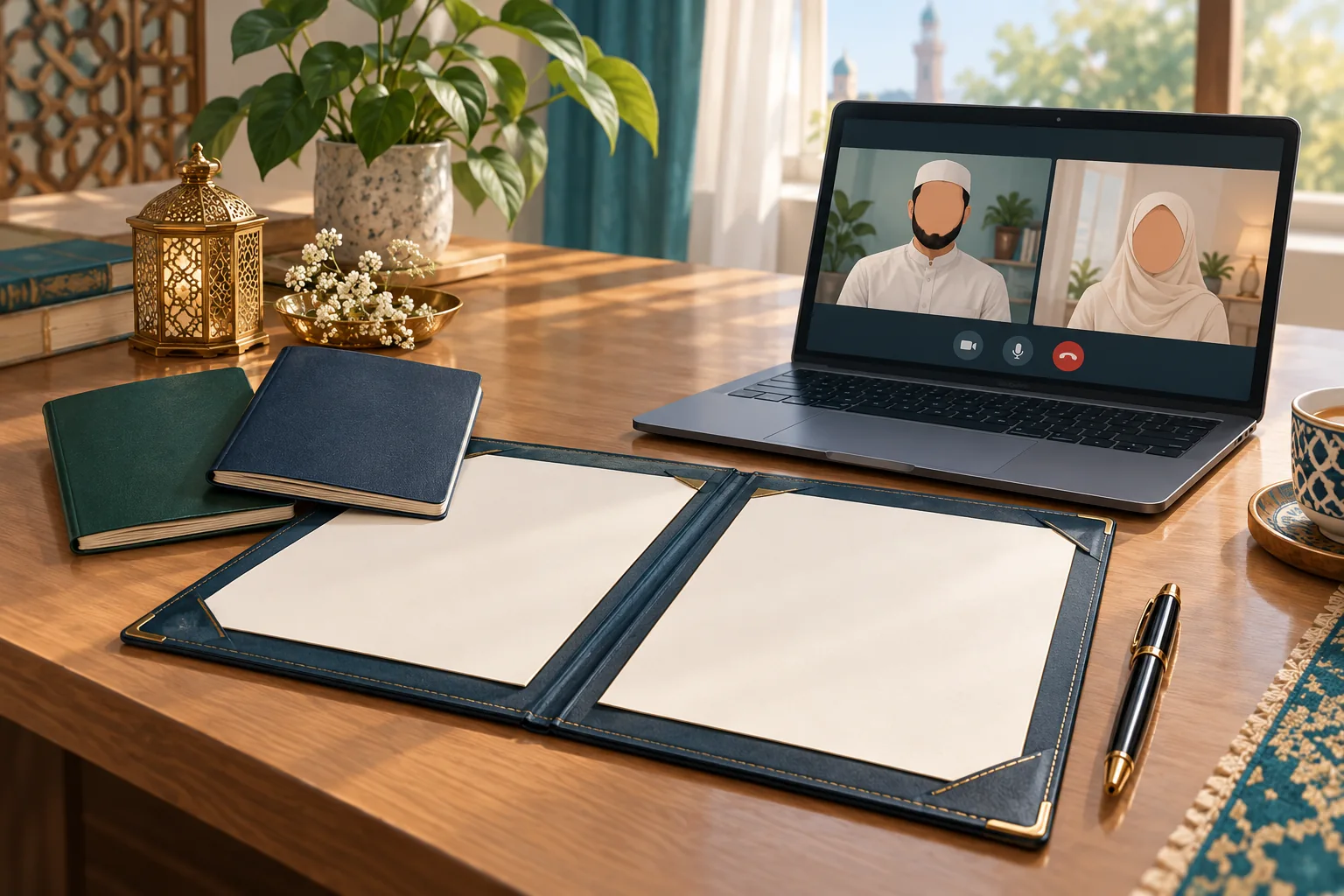 Illustrative document folder, passports and a laptop for an online Nikah consultation.