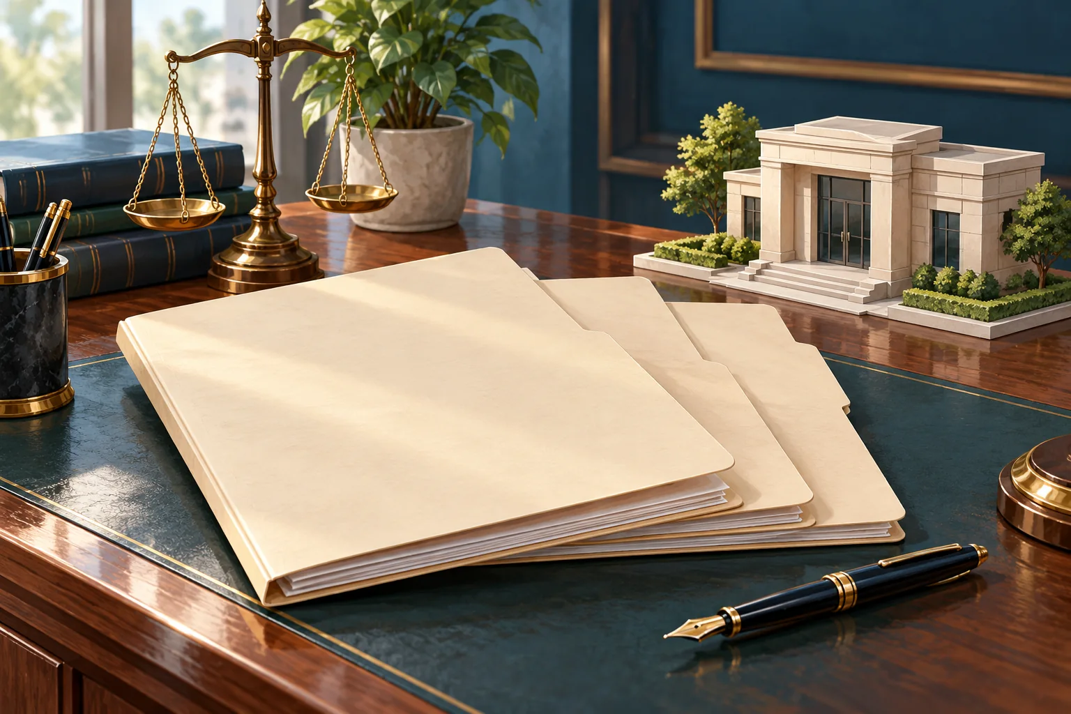 Plain document folders and a registration-office model representing marriage record preparation.