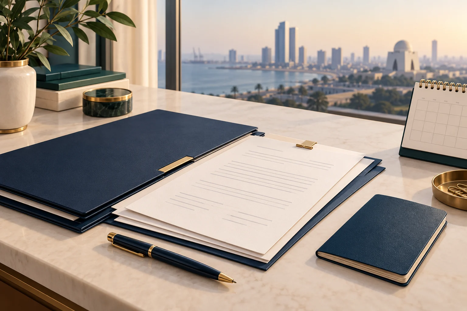 Illustration of a document folder, pen and booklet prepared for a Karachi Nikah consultation