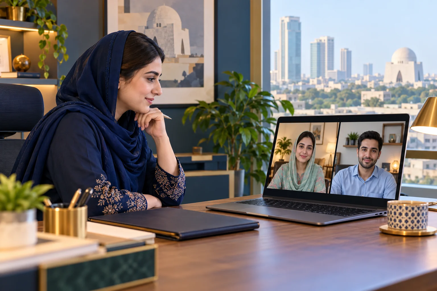 Illustration of a Karachi legal consultation with two adults regarding online nikah