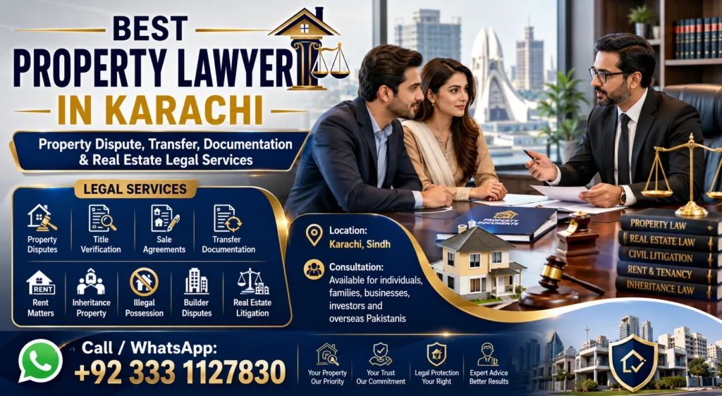 Best Property Lawyer in Karachi banner featuring a professional lawyer consulting a couple in a modern office for property disputes, title verification, transfer documentation, inheritance, and real estate legal services.