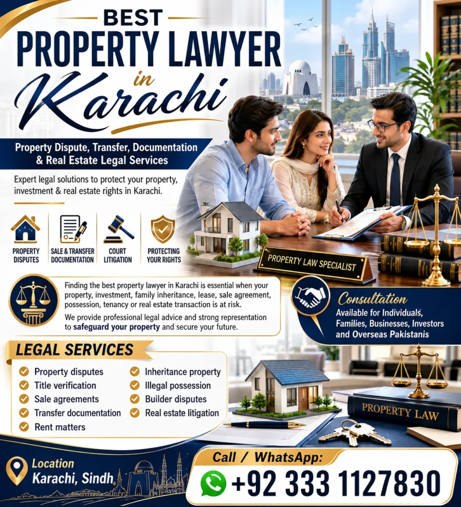 Best Property Lawyer in Karachi providing property dispute resolution, title verification, transfer documentation, inheritance, tenancy and real estate legal services while consulting clients in a professional law office.
